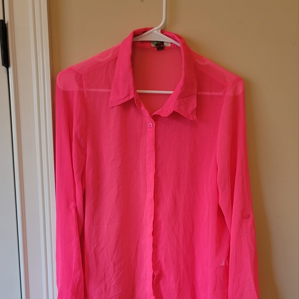 L.E.I. Neon Pink Sheer Blouse Top Shirt Size L